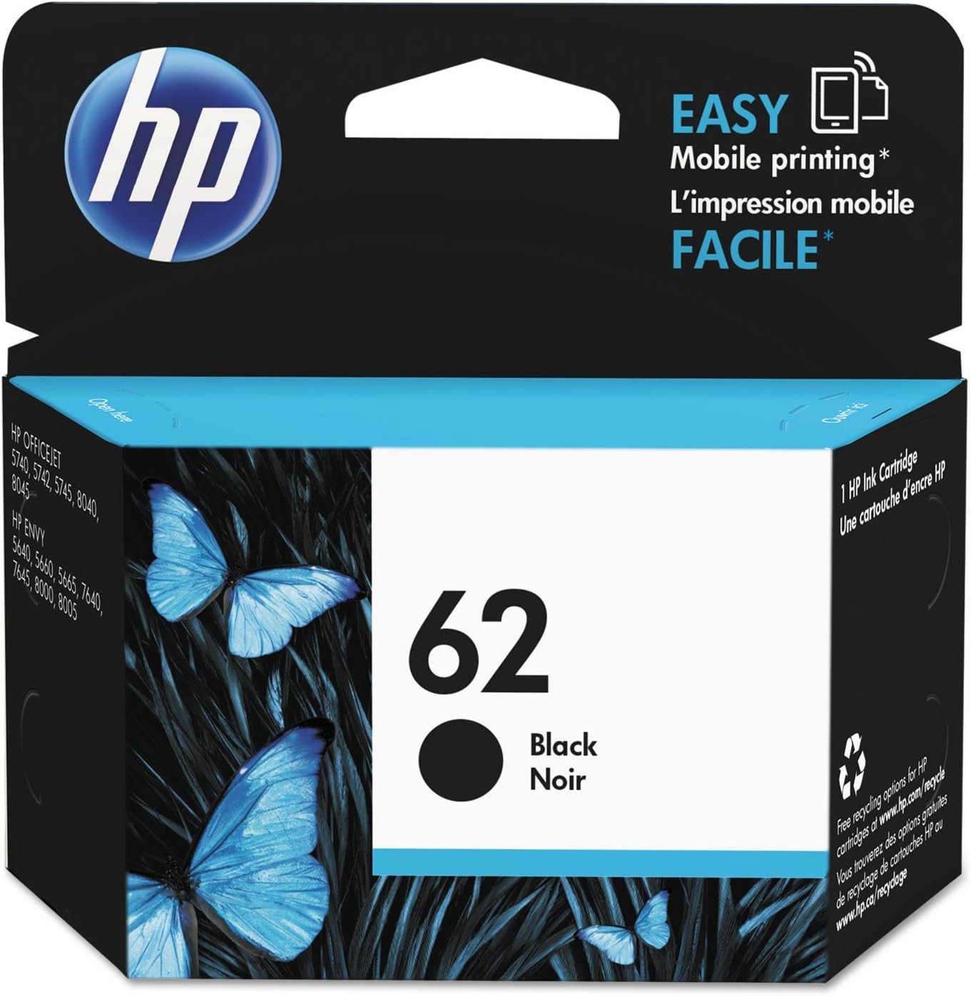 HP 62 Black Ink Cartridge | Works with HP ENVY 5540, 5640, 5660, 7640 Series, HP OfficeJet 5740, 8040 Series, HP OfficeJet Mobile 200, 250 Series | Eligible for Instant Ink | C2P04AN