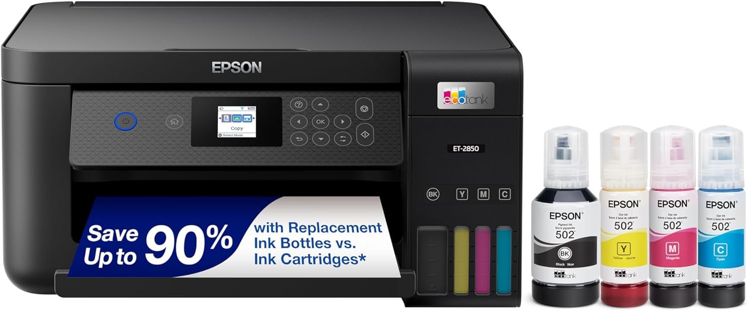 Epson EcoTank ET-2850 Wireless Color All-in-One Cartridge-Free Supertank Printer with Scan, Copy and Auto 2-Sided Printing - Black, Medium