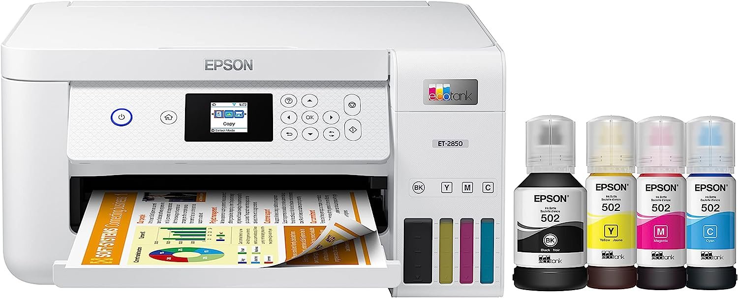 Epson EcoTank ET-2850 Wireless Color All-in-One Cartridge-Free Supertank Printer with Scan, Copy and Auto 2-Sided Printing - White, Medium