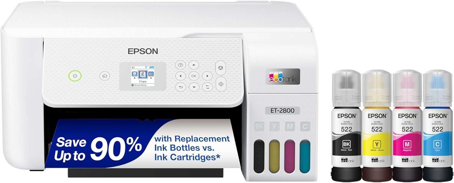 Epson EcoTank ET-2800 Wireless Color All-in-One Cartridge-Free Supertank Printer with Scan and Copy â€“ The Ideal Basic Home Printer - White, Medium