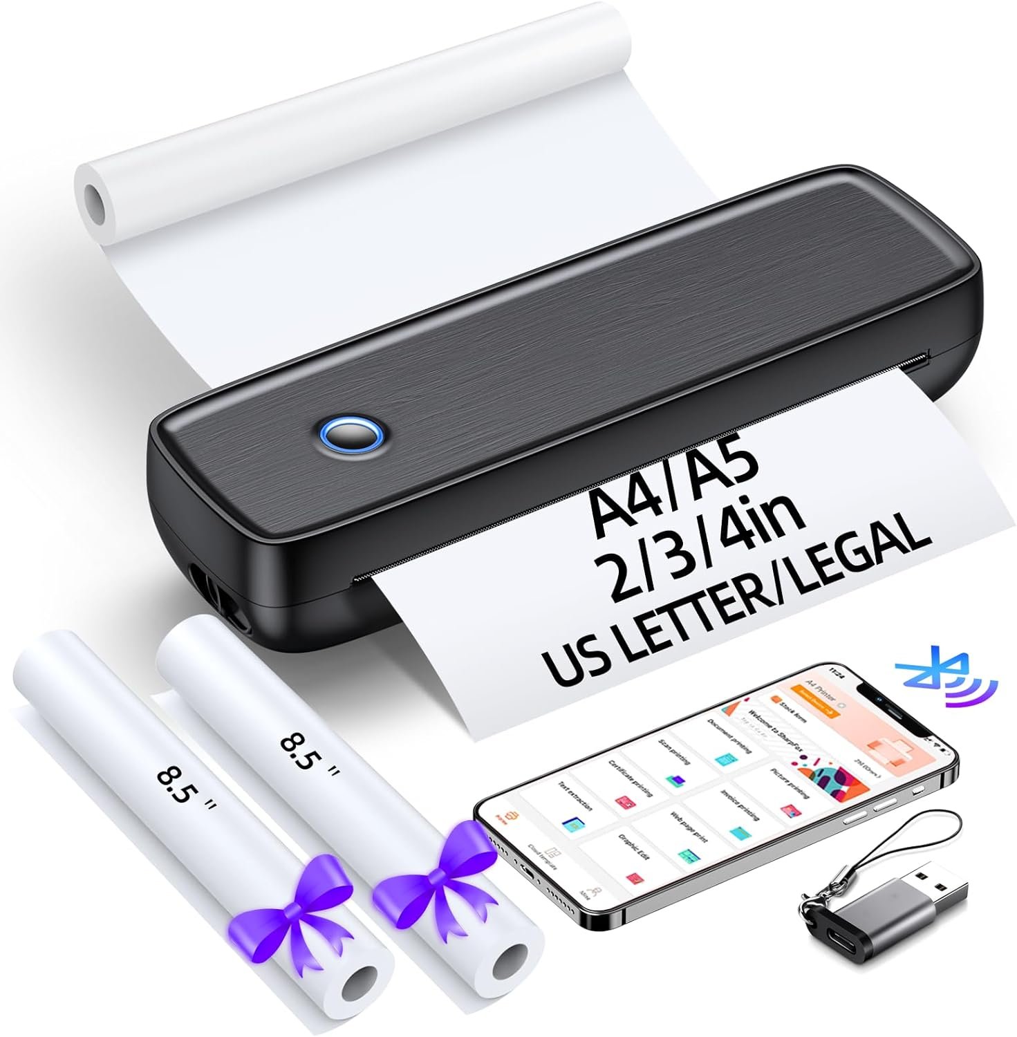 Portable Printer Wireless for Travel，Bluetooth Thermal Printer Support 8.5" X 11" US Letter &Legal, A4&A5 Thermal Paper, Inkless Printer Compatible with iOS, Android & Laptop for Office Car Home