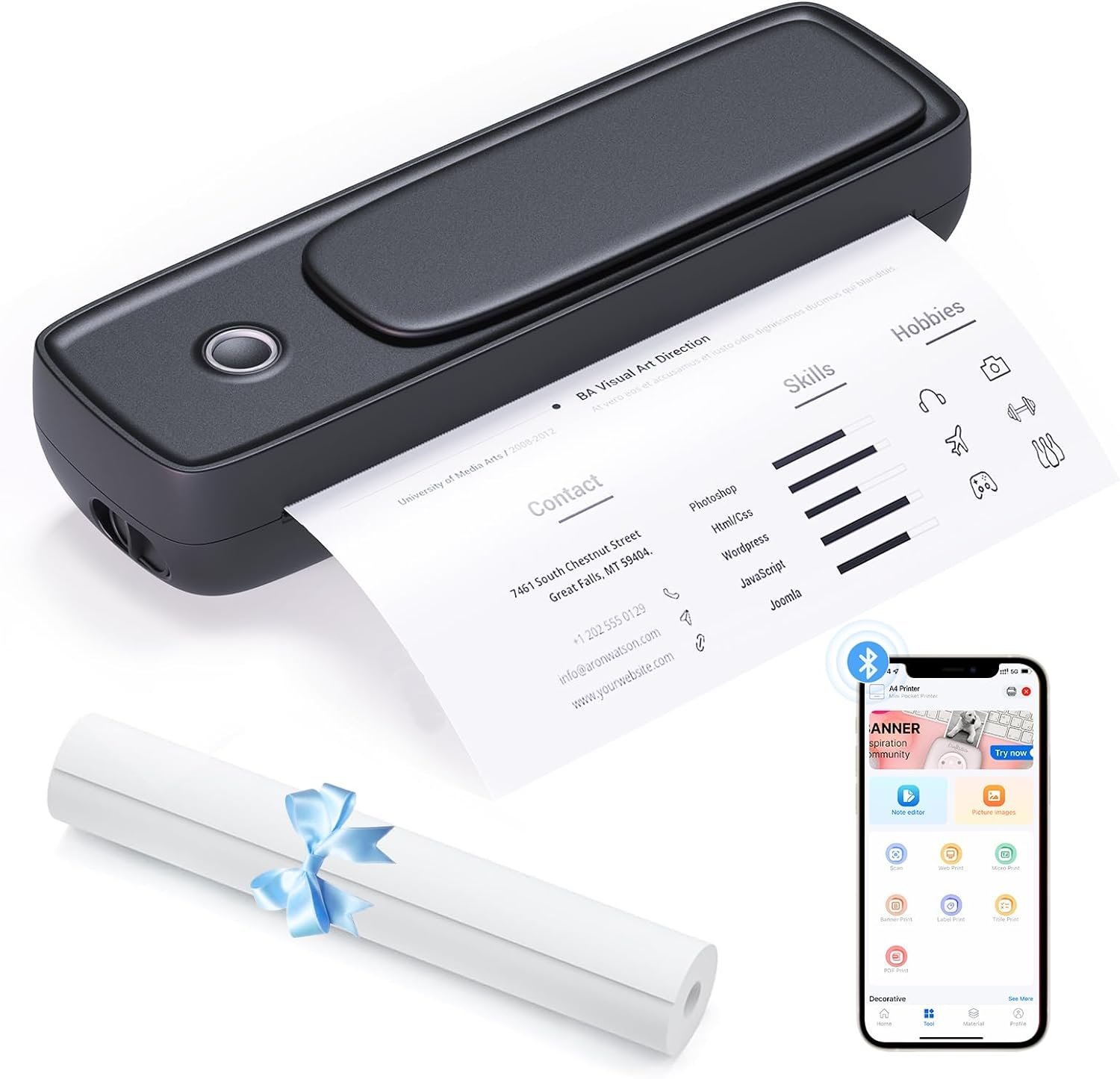 Bisofice Portable Printer Thermal Printing Wireless for Travel, Inkless Printer Compatible with Mobile Phones & PC, Support 8.5" X 11" US Letter &Legal for Home Office with 1 A4 Thermal Paper Roll