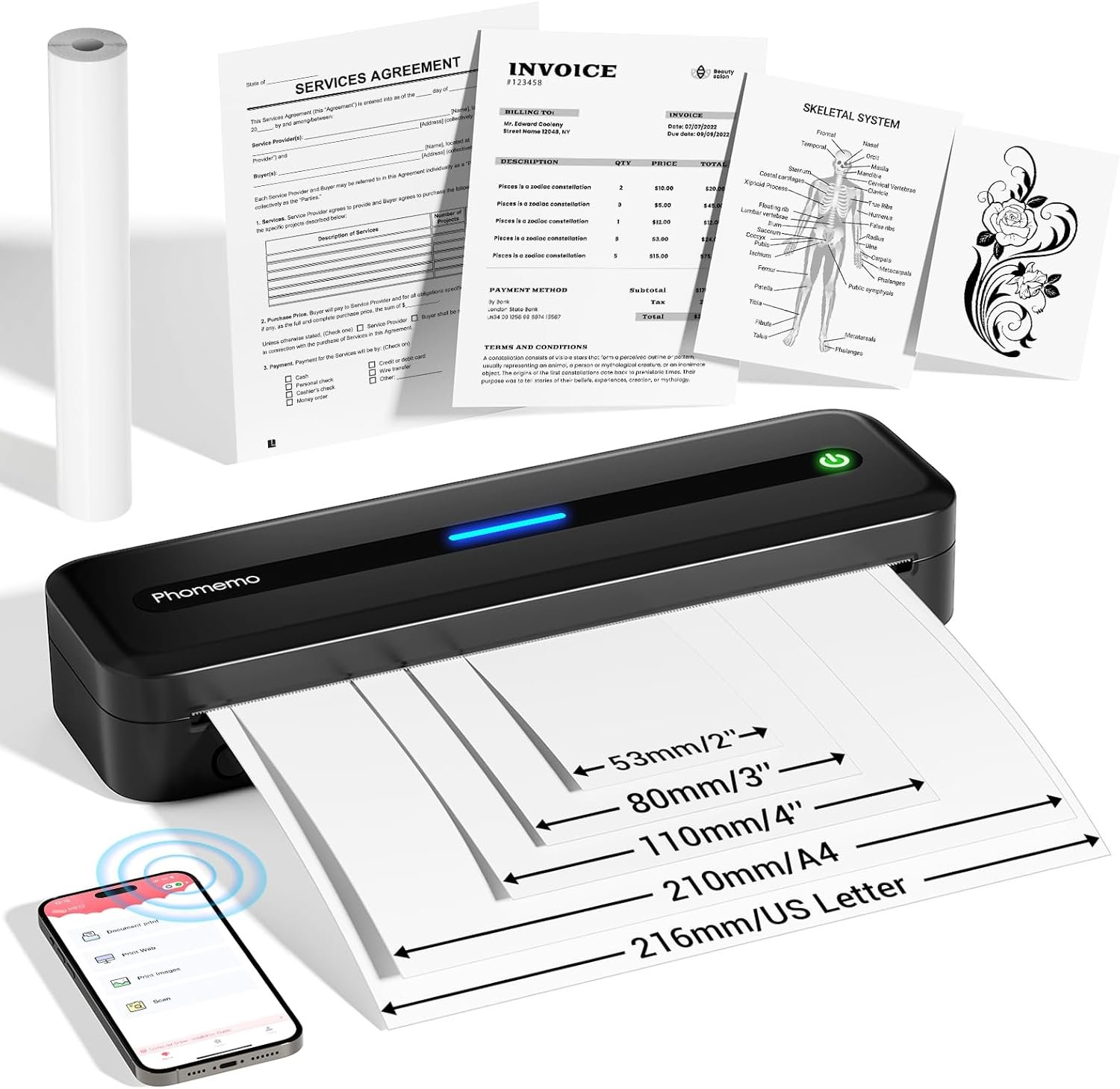 Phomemo Portable Printers Wireless for Travel, M832 Bluetooth Thermal Printer, Inkless Mobile Printer Support 8.5'' x 11'' US Letter & A4 Paper, Compatible with iPhone Android PC for Office Car Home