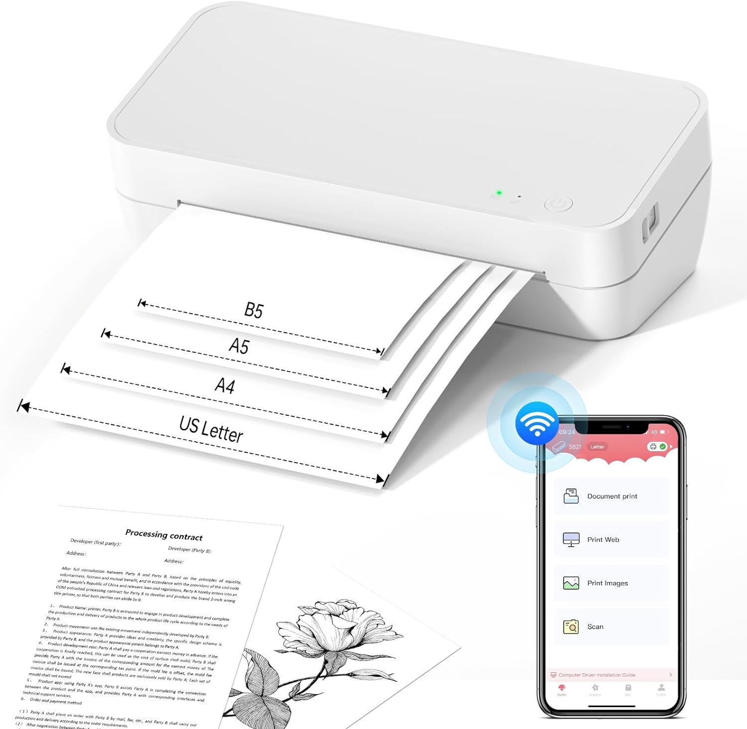 WiFi Thermal Printer - S821 Wireless Printers for Home Use, Inkless Portable Printer Supports 8.5" x 11" Letter/A4/A5/B5 Thermal Paper, Compatible with Phones & PC for Office, Home