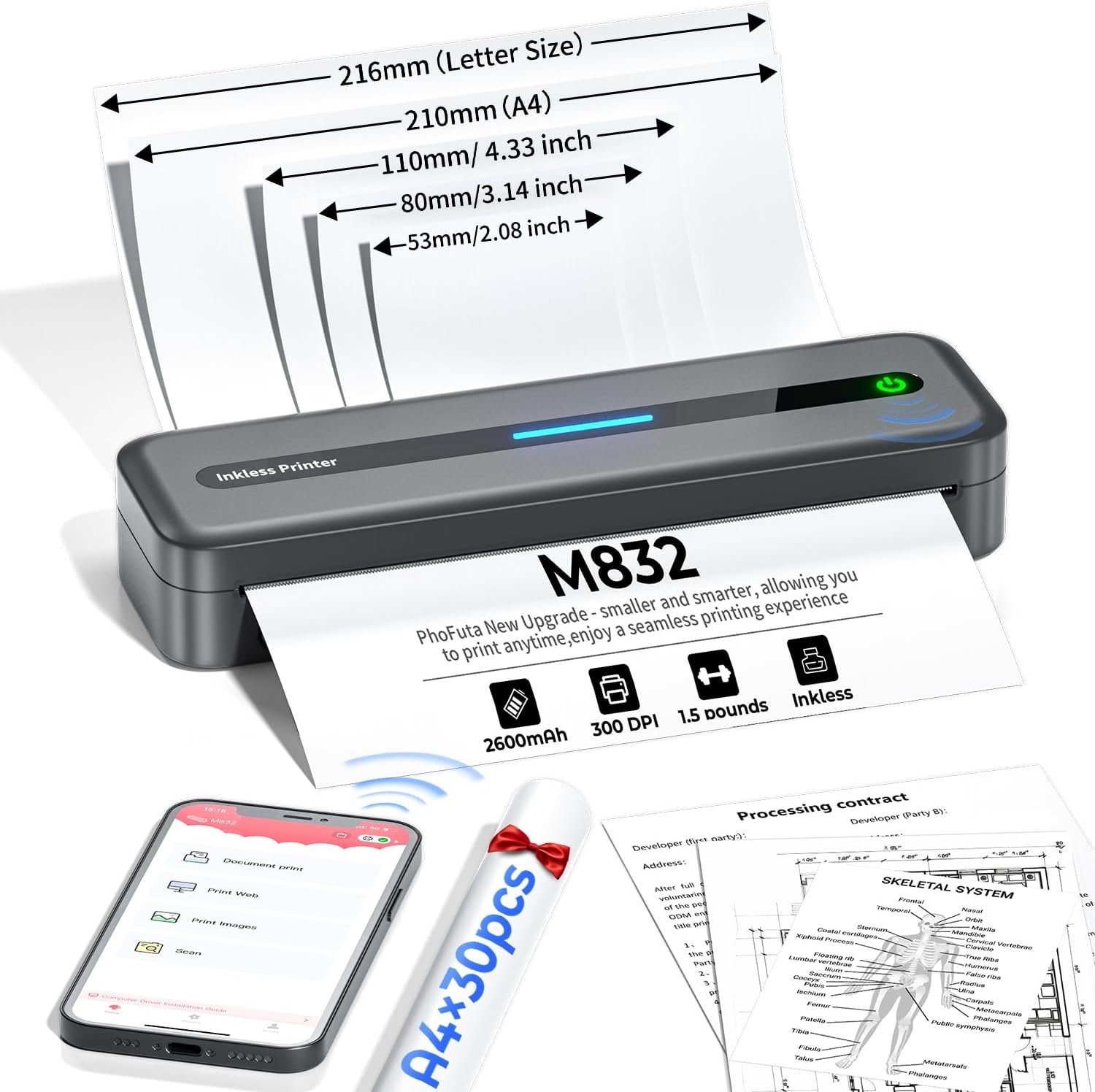 Portable Printer, M832 Wireless Printers for Home Use, Office, School, Bluetooth Inkless Printer Support Multi-Size Thermal Paper, Mobile Thermal Printer Compatible with Tablet, Phone & PC
