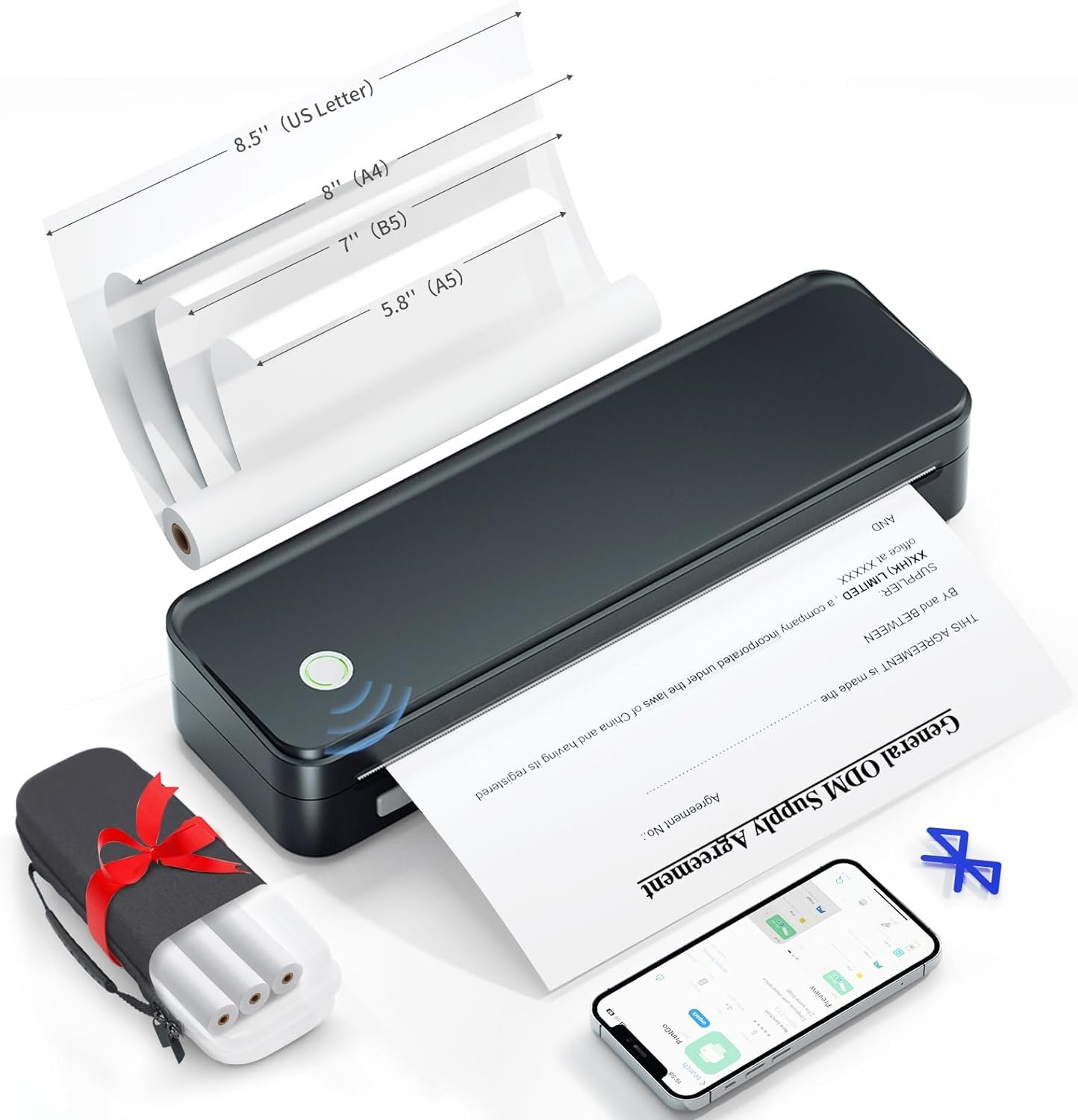 Inkless Portable Printer for Travel, Wireless Thermal Printer Supports 8.5 x 11 Inch US Letter Size, includes Carry Case and 3 Rolls of Thermal Paper Kit, Black