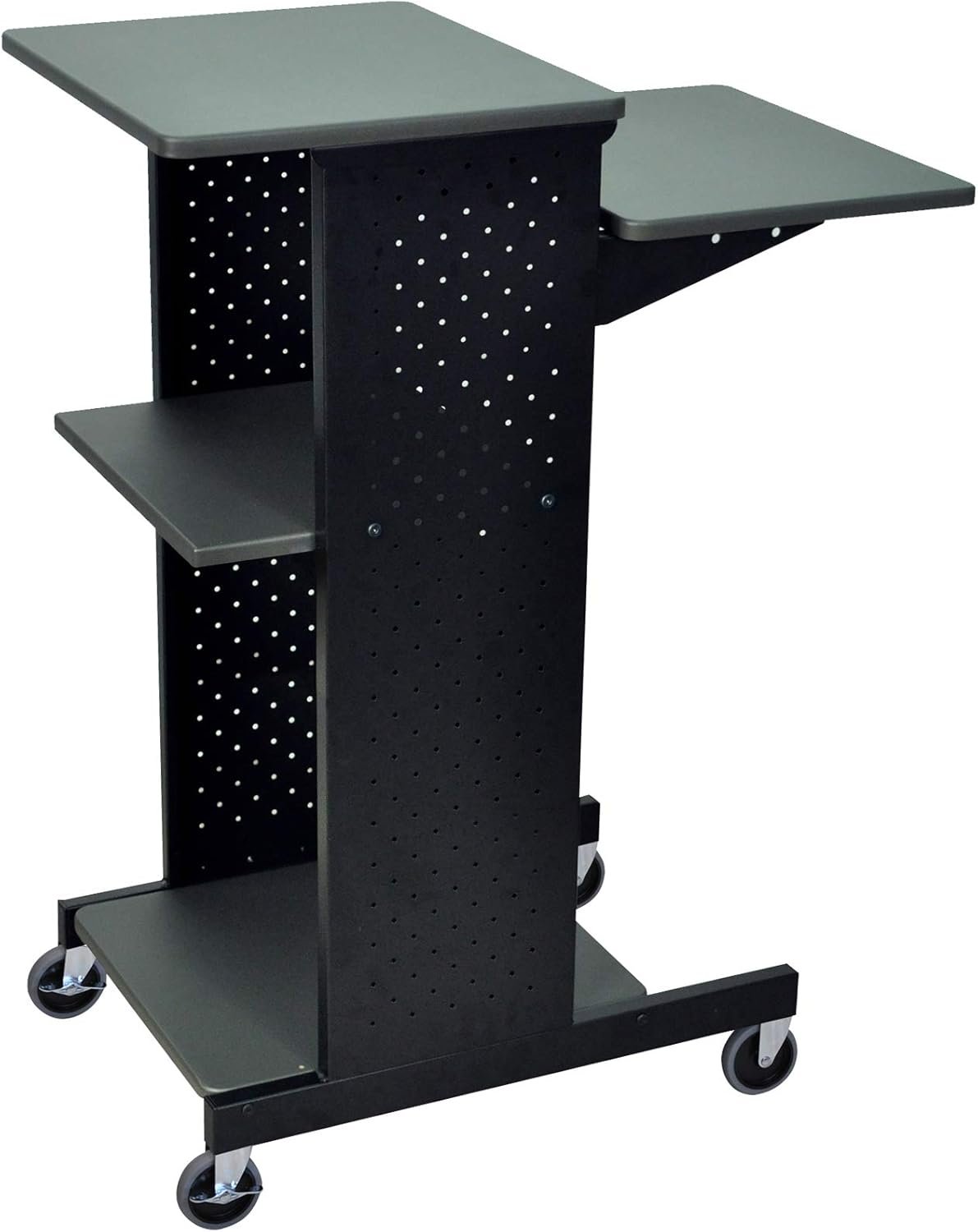 Offex Mobile Stand Up Desk Height Adjustable Computer Work Station Rolling Presentation Steel Cart On Wheels with 4 Flat Shelf - Ideal for Home, Office & School - Black