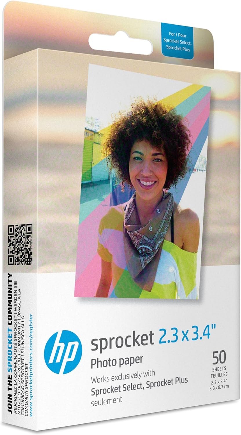 HP Sprocket 2.3 x 3.4" Premium Zink Sticky Back Photo Paper (50 Sheets) Compatible with HP Sprocket Select and Plus Printers.