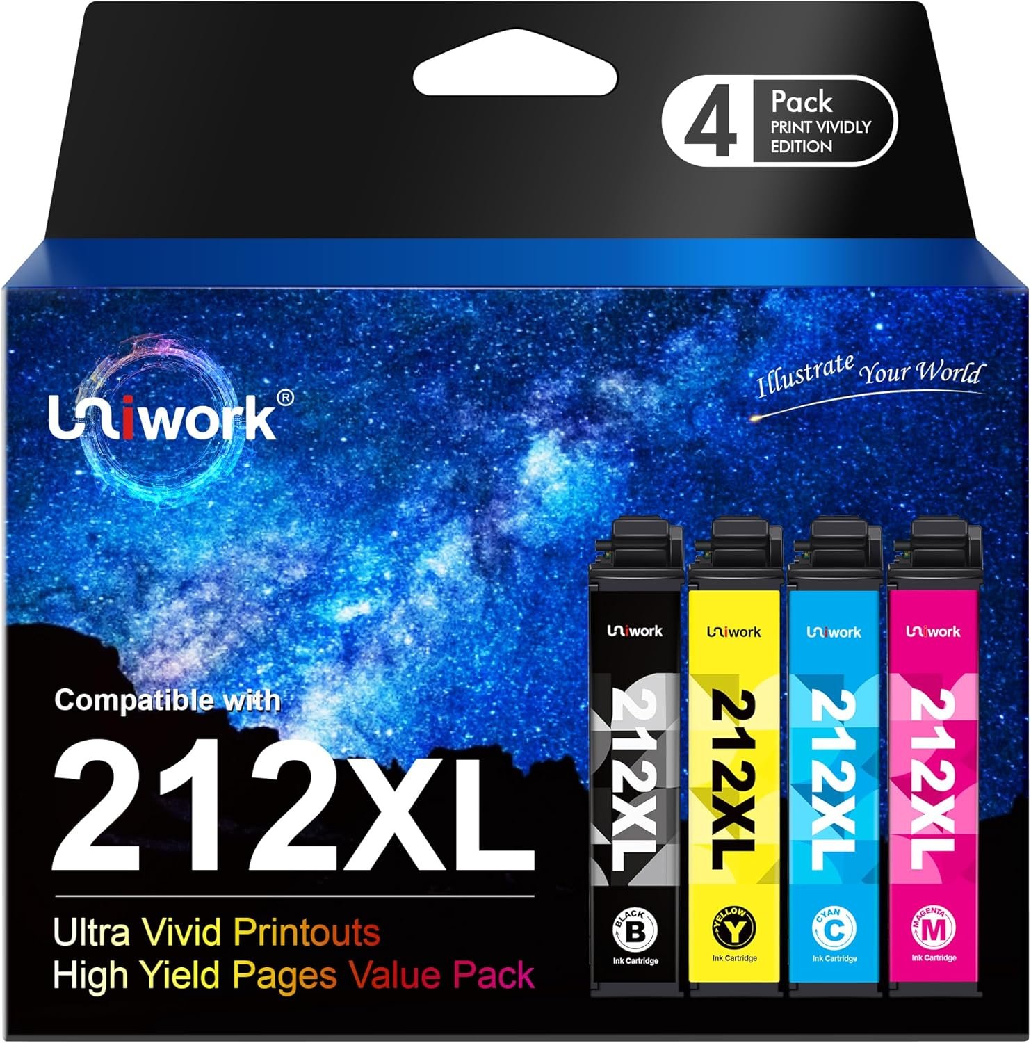 Uniwork Remanufactured Ink Cartridge Replacement for Epson 212XL 212 XL T212XL T212 to use with XP-4100 XP-4105 WF-2830 WF-2850 Printer Tray (Black, Cyan, Magenta, Yellow, 4 Pack)