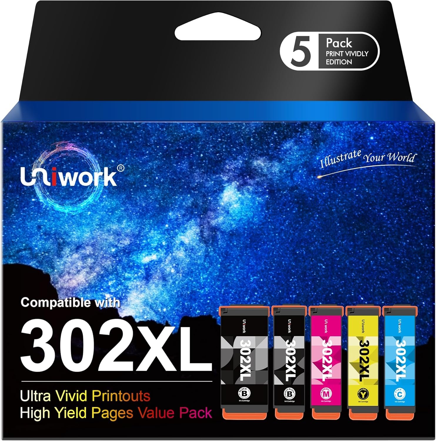 Uniwork 302XL Ink Cartridge Replacement for Epson 302XL Printer Ink Cartridges, 302XL 302 XL T302XL T302 to use with Expression Premium XP-6000 XP6000 XP-6100 Printer (PBK/BK/C/M/Y, 5 Pack)