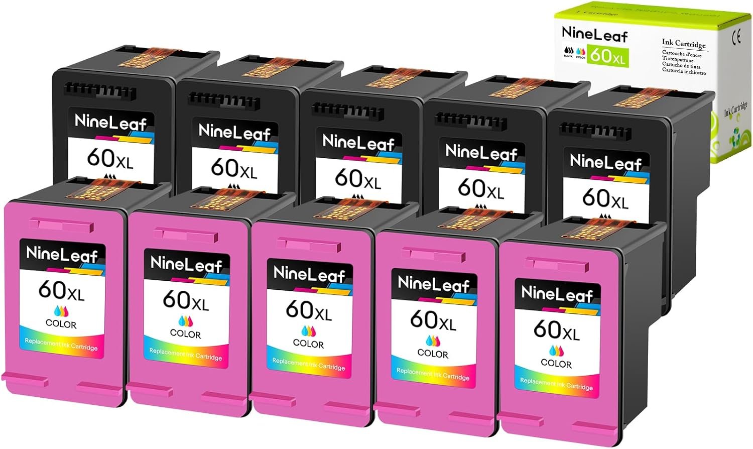 NineLeaf 10 Pack Remanufactured Ink Cartridge Replacement for HP 60XL 60 XL 60BXL 60CXL D8J61BN CC641WN CC644WN High Yield use in Photosmart C4680 D110 Deskjet D2680 F2430 F4210 (5 Black 5 Tri-Color)