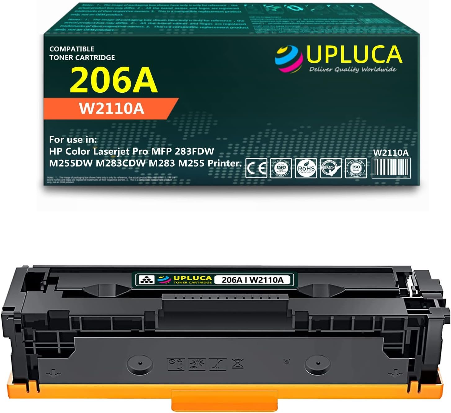 206A W2110A with Chip Black Toner Cartridge Replacement for 206A Toner Cartridge for HP Color Laserjet Pro MFP 283FDW M255DW M283CDW M283 M255 Printer.(1PK-BK 1,350 Pages)