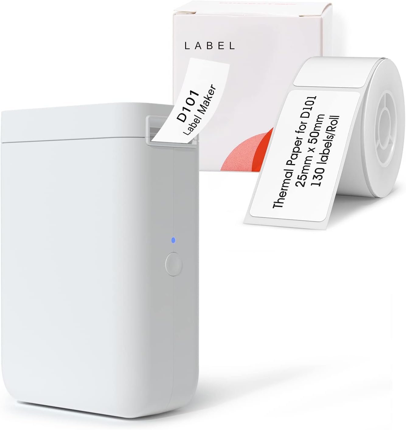 NIIMBOT D101 Inkless Label Maker, with 1Pack 12x40 mm Label, and 1Pack 25x50mm White Label, Easy to Print 0.5 to 1 Inch Width Label Maker Printer for Home and School Name, Business Price Tags