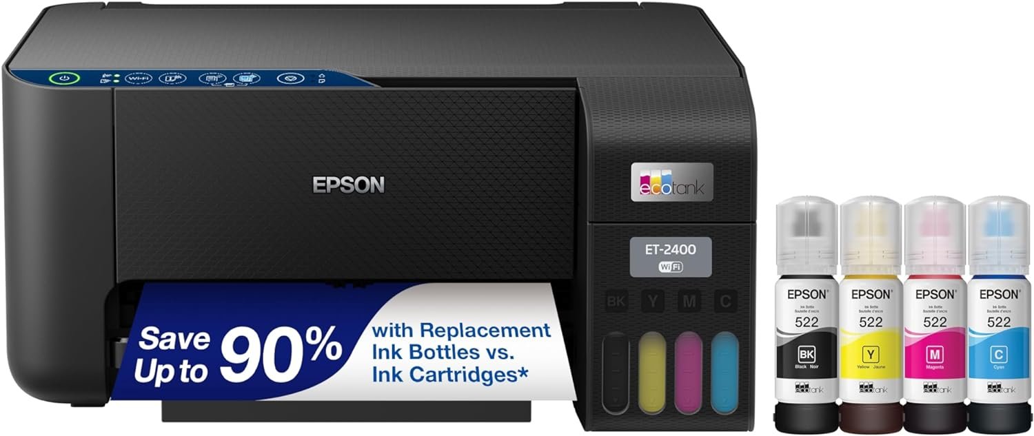 Epson EcoTank ET-2400 Wireless Color All-in-One Cartridge-Free Supertank Printer with Scan and Copy – Easy, Everyday Home Printing, Black