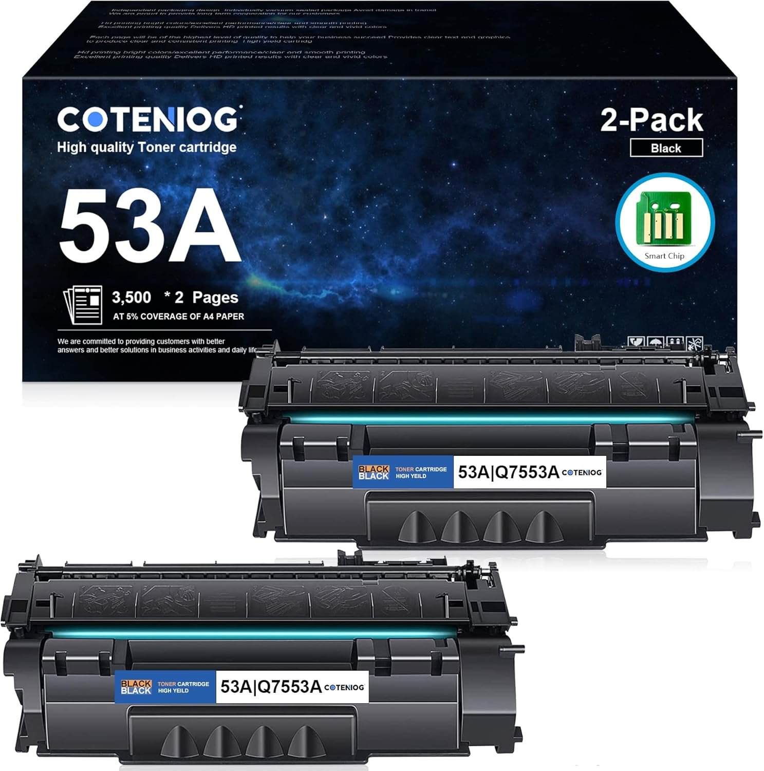 53A Black Toner Cartridge (2-Pack) | Compatible with 53X Q7553X 49A Q5949A 49X Q5949X Replacement for HP53A Toner Works with LaserJet P2014, P2015 Series; LaserJet M2727 MFP Series Printer | Q7553A