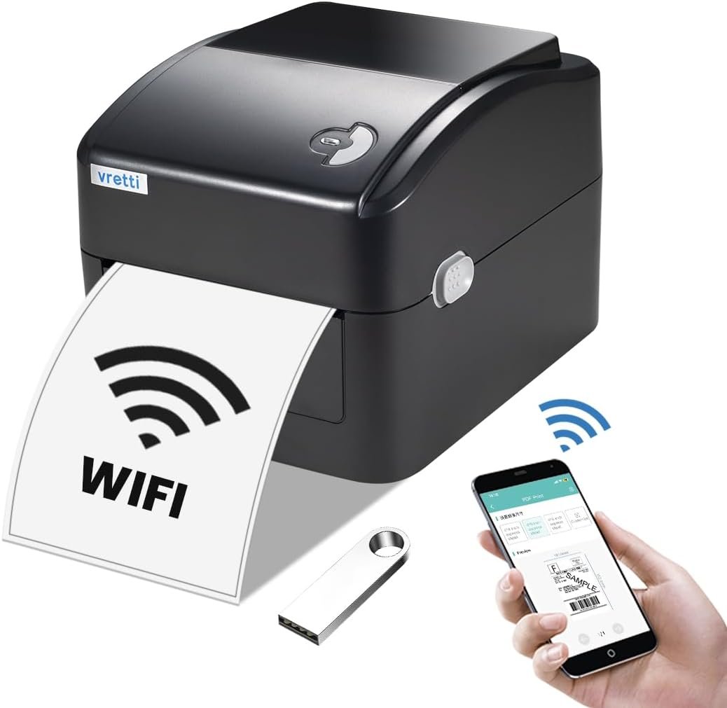 vretti Wi-Fi Thermal Label Printer, Wireless Shipping Label Printer for Small Business & Package, 4x6 Label Printer Compatible with Etsy, Ebay, Amazon, Shopify, USPS and More