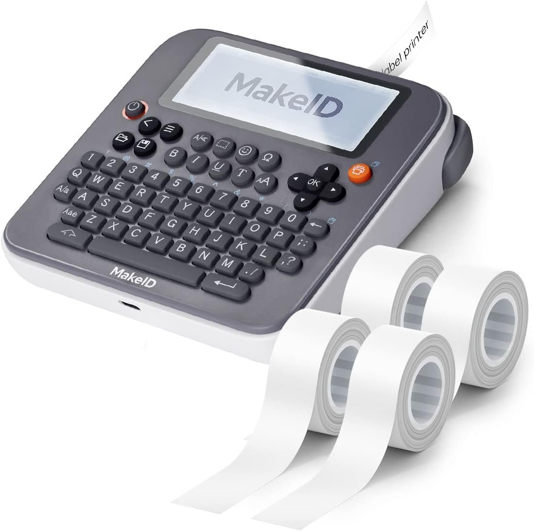 Makeid E1 Portable Label Maker - Bluetooth Compatible Thermal Printer - QWERTY Keyboard, 4.42" LCD Screen - Prints 9mm, 12mm, 16mm Clear Waterproof Sticker Labels - Includes Tape, USB Cable