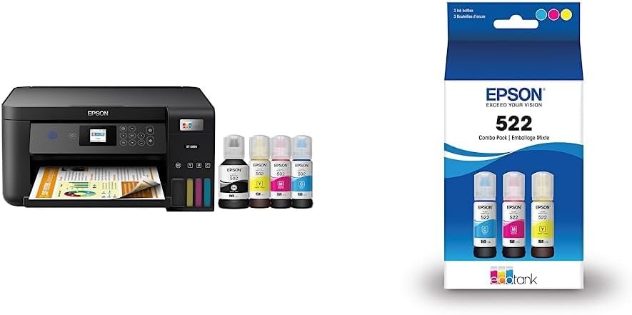 Epson EcoTank ET-2850 Wireless Color All-in-One Cartridge-Free Supertank Printer - Black & T522 EcoTank Ink Ultra-high Capacity Bottle Color Combo Pack (T522520-S)