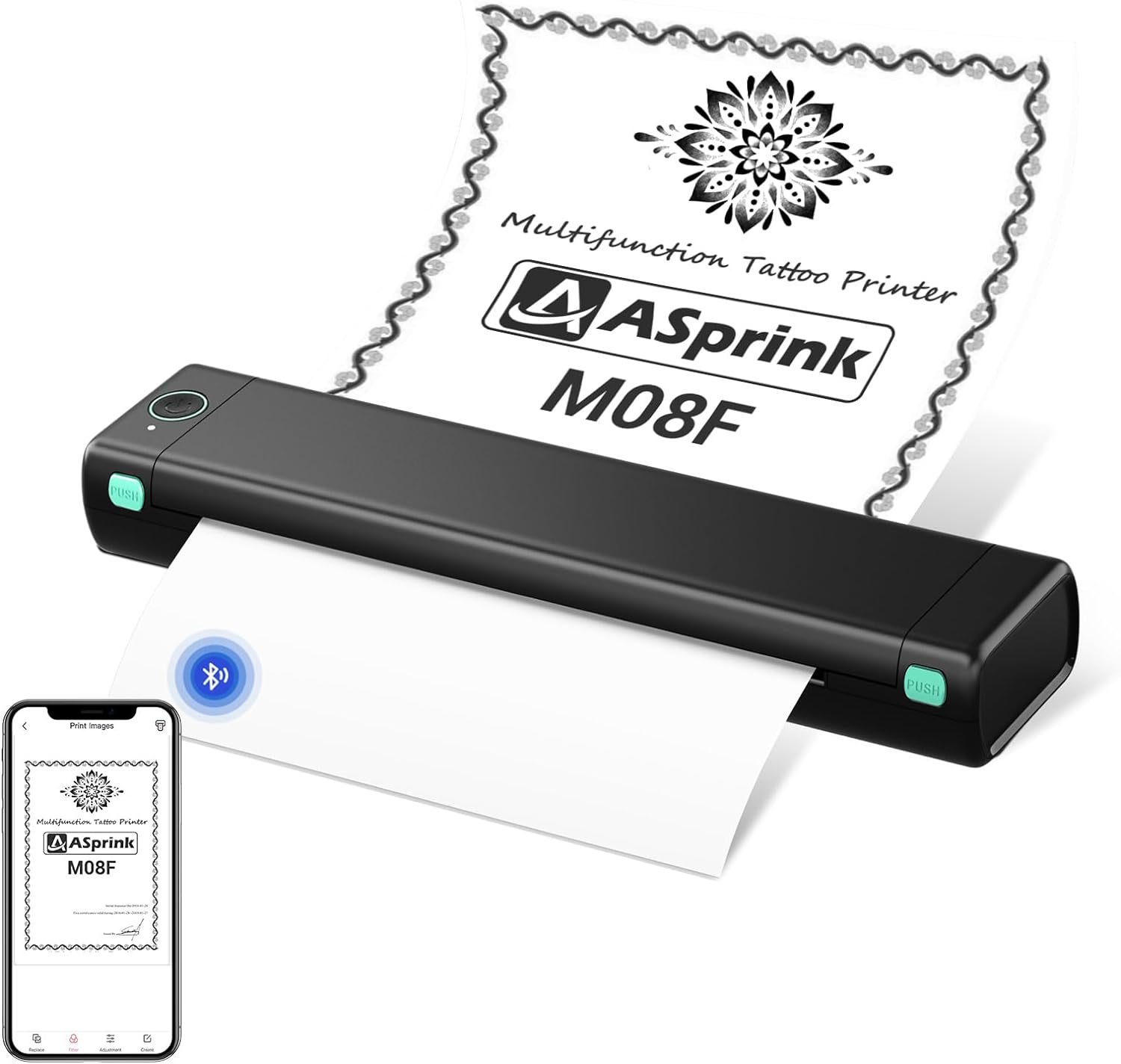 ASprink M08F Wireless Portable Printer, Bluetooth Mobile Printer Support A4/8.5 X 11 inches Thermal Paper, Thermal Tattoo Printer, compact Inkless Printer for Home, Office, Travel, Business