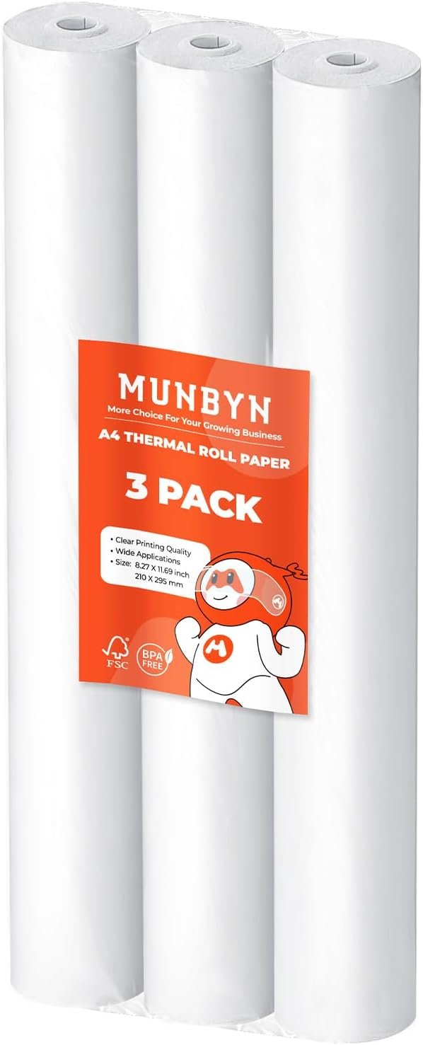 MUNBYN A4 Thermal Paper 3 Rolls, 8.27x11.69 Inch Thermal Paper(8.27''/210mm width), 27 Sheets/Roll, Compatible with ITP01/ITP04 Portable Printer, BPA Free, Thermal Paper for Picture, Homework