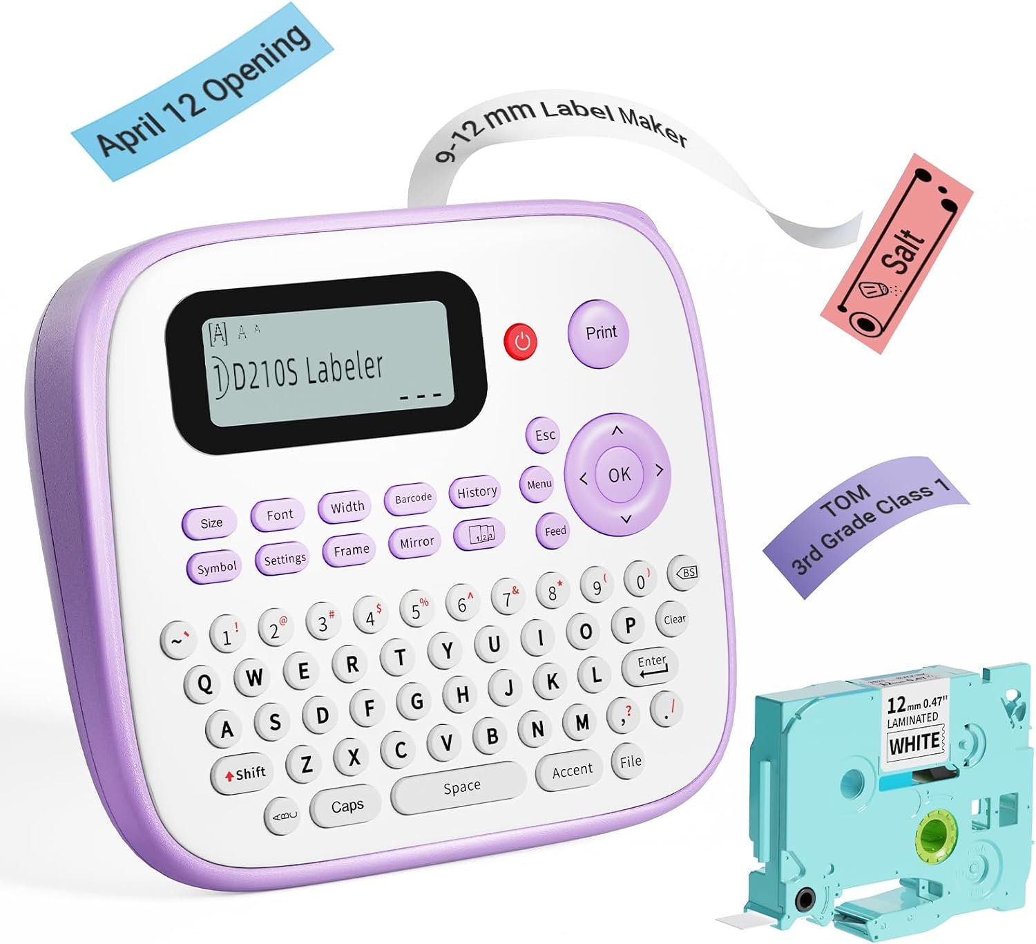 Label Maker D210S Labeler Machine 12mm Portable Label Printer with QWERTY Keyboard,600+Symbols,Type-C for Power,Labeling Sticker for Home Office School Small Business Organization-Purple