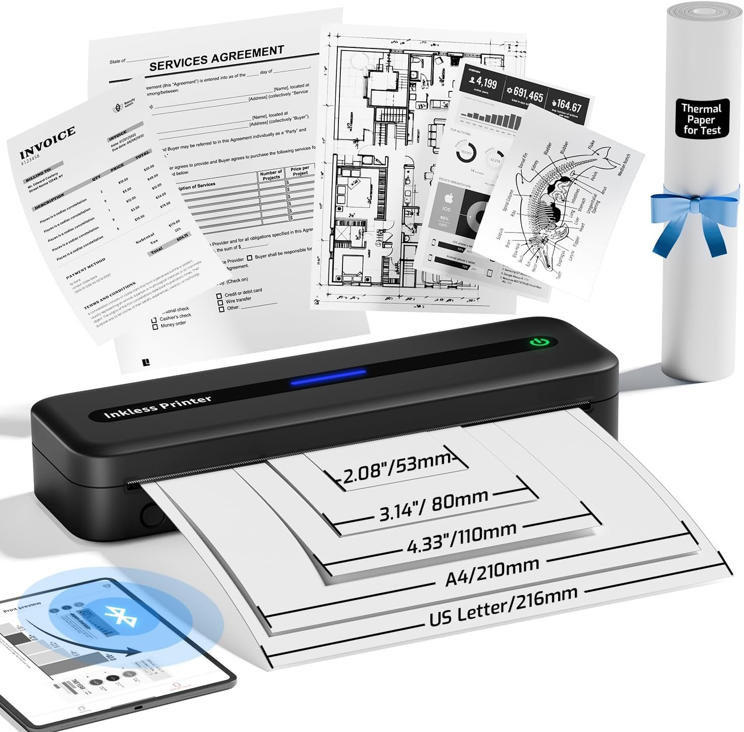 ASprink M832 Portable Printers Wireless for Travel - 300DPI Thermal Inkless Printer for Home Use - Small Bluetooth Printer, Compact Mobile Printer, Compatible with iOS & Android & Laptop - Black