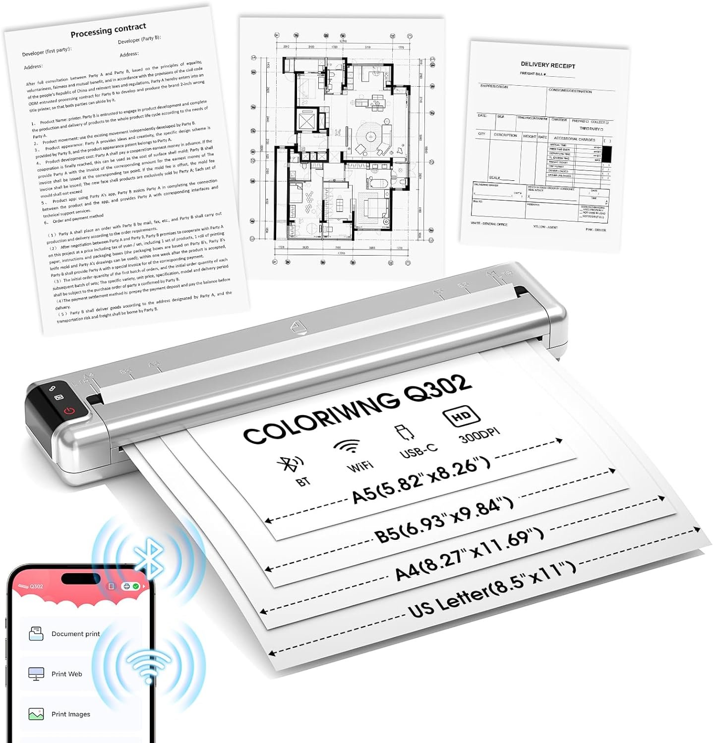 COLORWING Q302 portable thermal Printer, inkless printer for business travel with Bluetooth and WIFI connection, Compatible with Android and iOS Phone & Laptop,300DPI