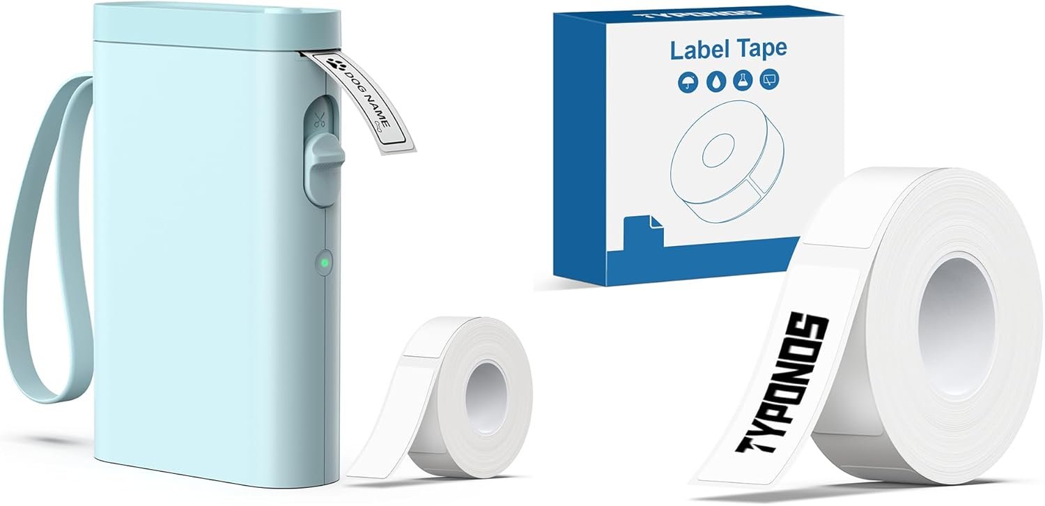 P21 Label Maker Machine with Tape, Blue Bluetooth Label Printer Portable Mini Label Makers, P21 Label Maker Tape Black on White 15x40mm, Standard Laminated 180 Labels/Roll