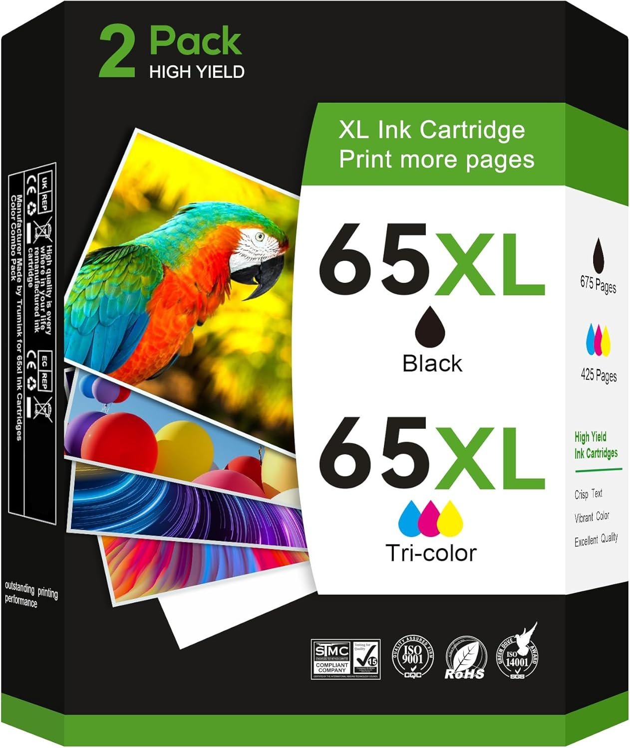 Remanufactured 65XL Ink Raplacement for Hp 65 Ink Cartridges Black/color Combo Pack for HP Deskjet 3755 3752 3772 3700 2652 2655 2622 2600 Envy 5055 5052 5070 5000(1 Black, 1 Tri-Color)