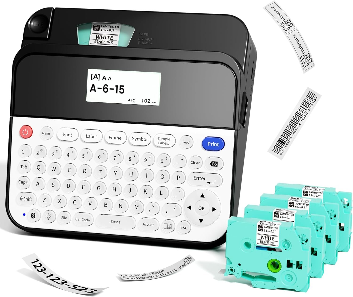 D480BT Label Maker Value Bundle includes 4 Label Tapes with QWERTY Keyboard, Backlit LCD Screen, Bluetooth Connectivity, Rechargeable Battery-Easy-to-Use, Perfect for Home & Office Organization