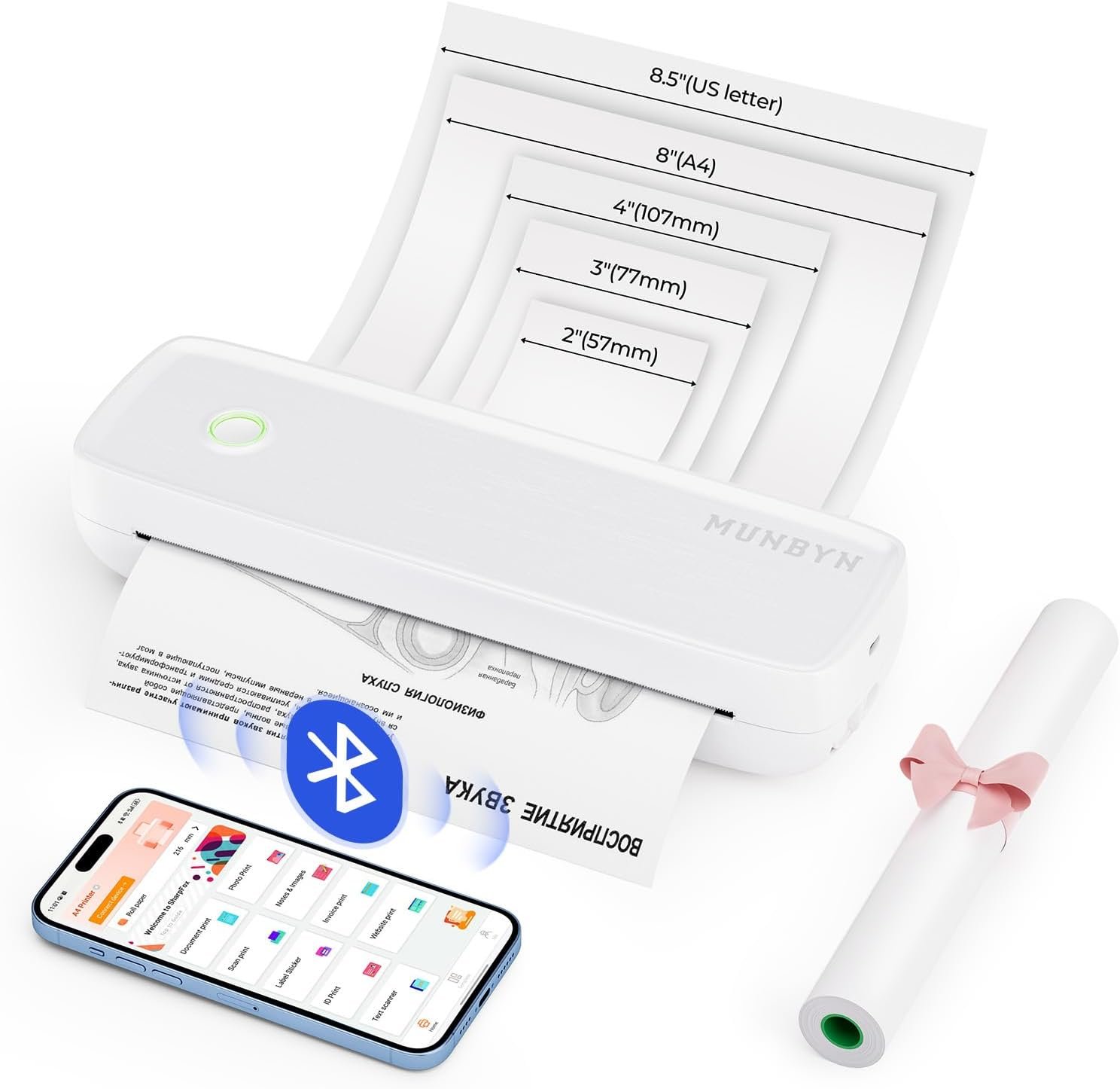 MUNBYN Portable Printer Wireless for Travel ITP04, Inkless Printer, Thermal Bluetooth Printer, Support 8.5x11&A4 Thermal Paper, Compatible with Android and iOS Phone & Laptop, Small Printer (White)