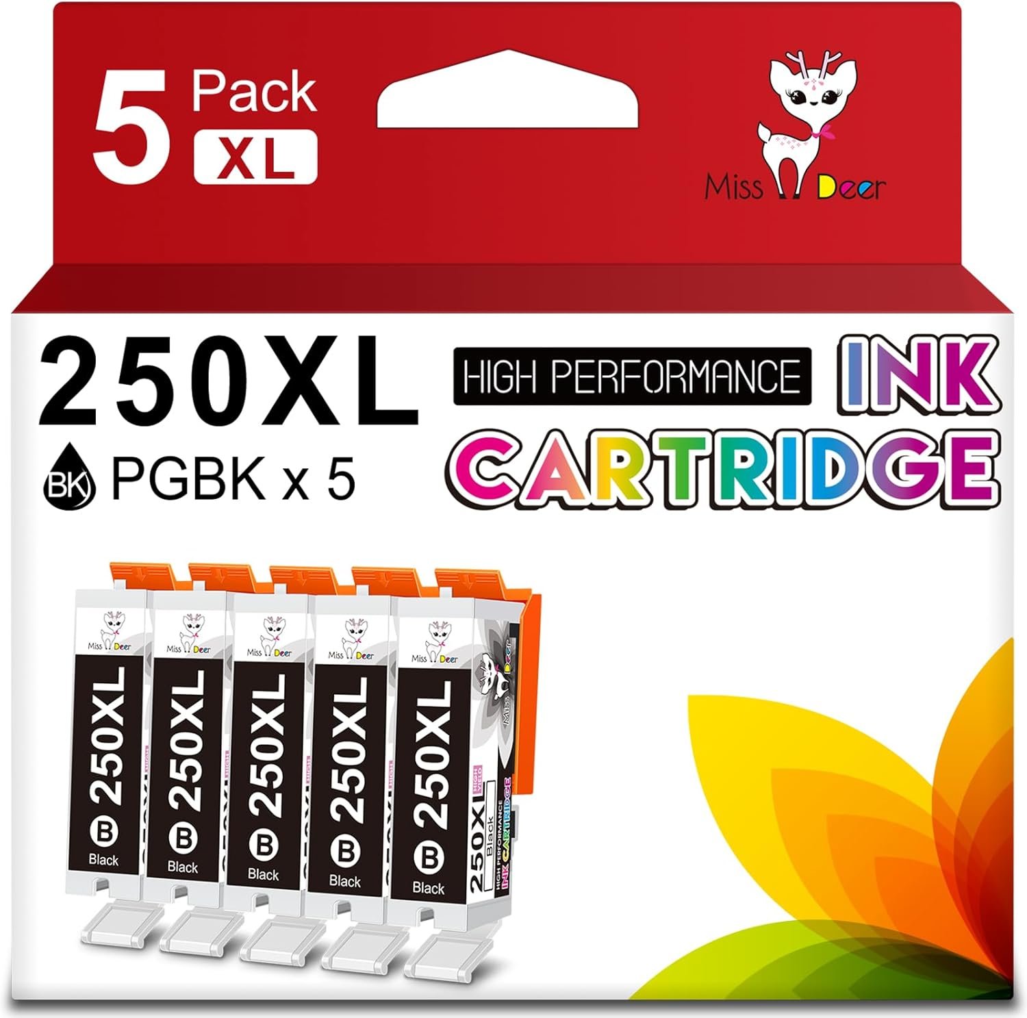 Miss Deer Compatible 250 PGBK Ink Cartridges Replacement for Canon PGI-250XL High Yield Work for Canon Pixma MX922 IX6820 MX722 MG5420 MG5520 MG5620 MG6320 MX920 IP7220 Printer (5-Pack, Large Black)