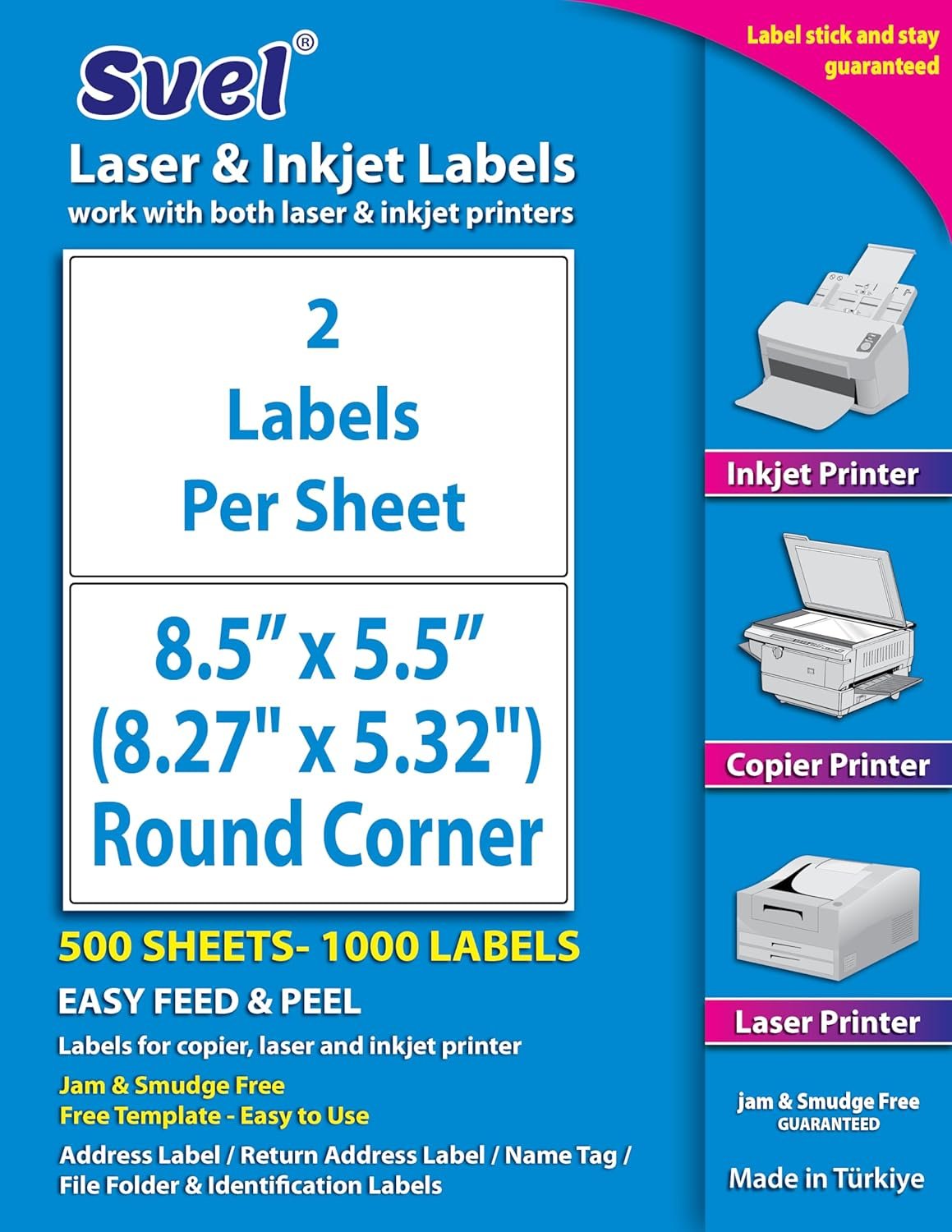 8.5'x5.5" Shipping Labels for Laser & Inkjet Printers, Permanent Self Adhesive Address Mailing Stickers Half Sheet 1000 Labels 8.5”x5.5” Round Label (500 Sheets)