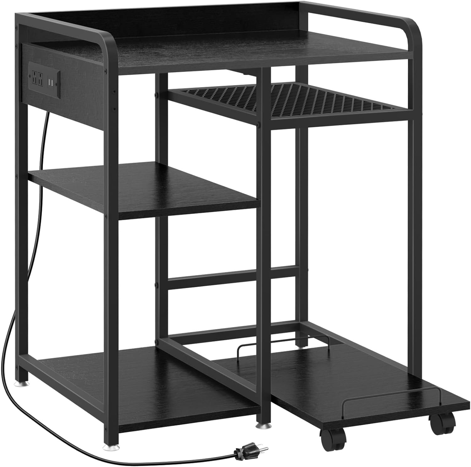 Printer Stands with Charging Station, 23.6 x 18.9 Inch Large Printer Stand with Storage for Home Office, Printer Table with Power Outlet USB Port, Printer Shredder Stand with Wheels, Black