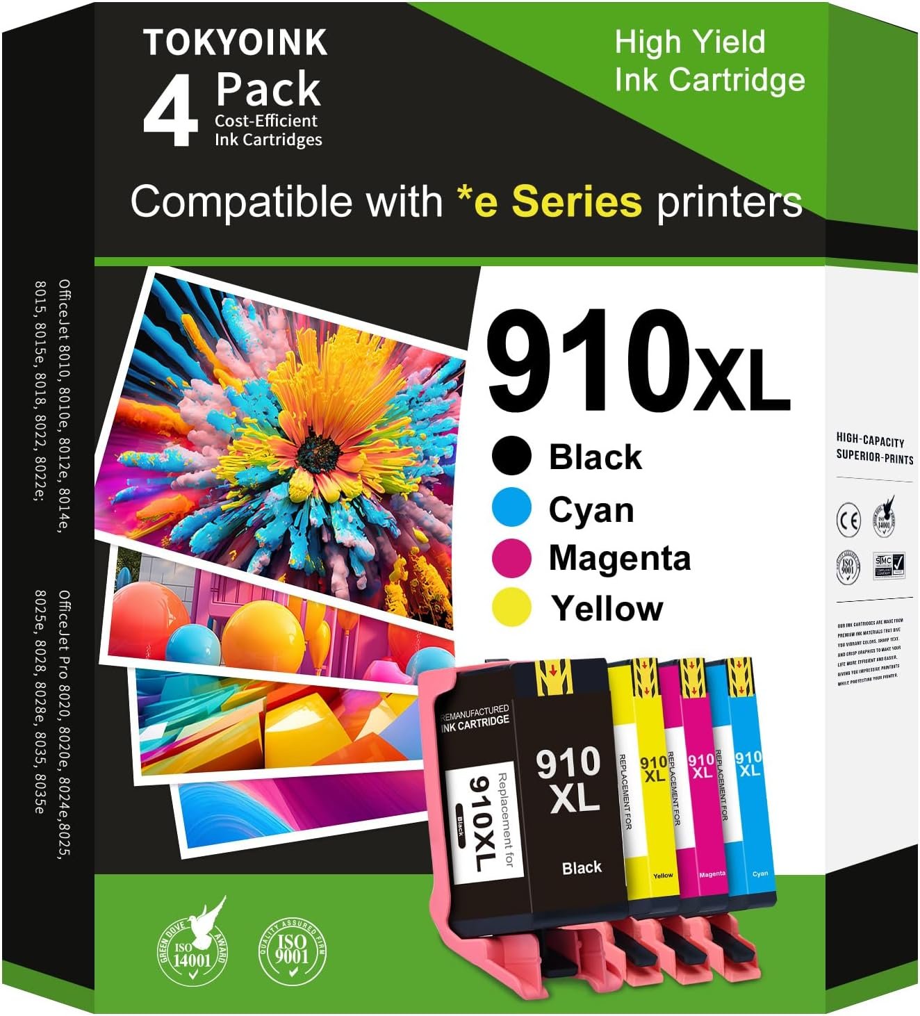 TOKYOINK 910XL Ink Cartridges Replacement for HP 910 XL Ink Cartridges Combo Pack Compatible with OfficeJet Pro 8015e 8022e 8025e 8010 8020 8035 Series Printer (Black,Cyan,Magenta,Yellow 4 Pack)