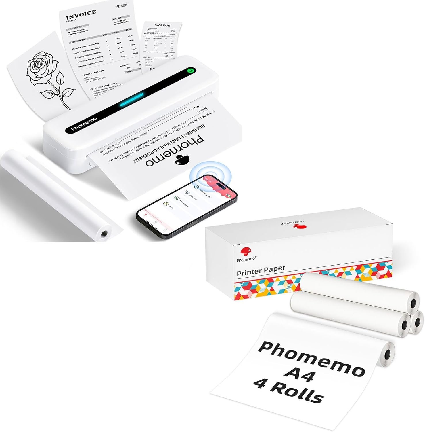 Phomemo M832 Wireless Portable Thermal Printer & 4 Rolls A4 Thermal Printer Paper