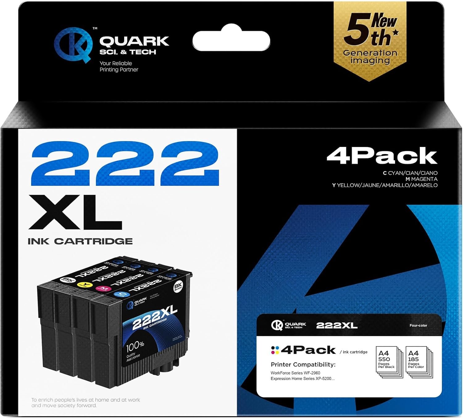 222 Ink Cartridges Compatible Replacement for Epson 222 222XL Ink Cartridges Combo Pack Workforce WF-2960 XP-5200 Printers(4 Pack, Black/Cyan/Magenta/Yellow)