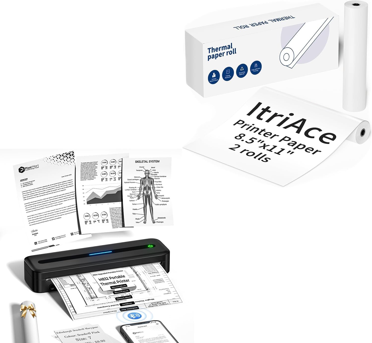 M832 Portable Printer, 300DPI Wireless Bluetooth Thermal Printer, Support Multi-Size Thermal Paper, with8.5" x 11",4 Rolls, M832 Portable Printer Thermal Paper