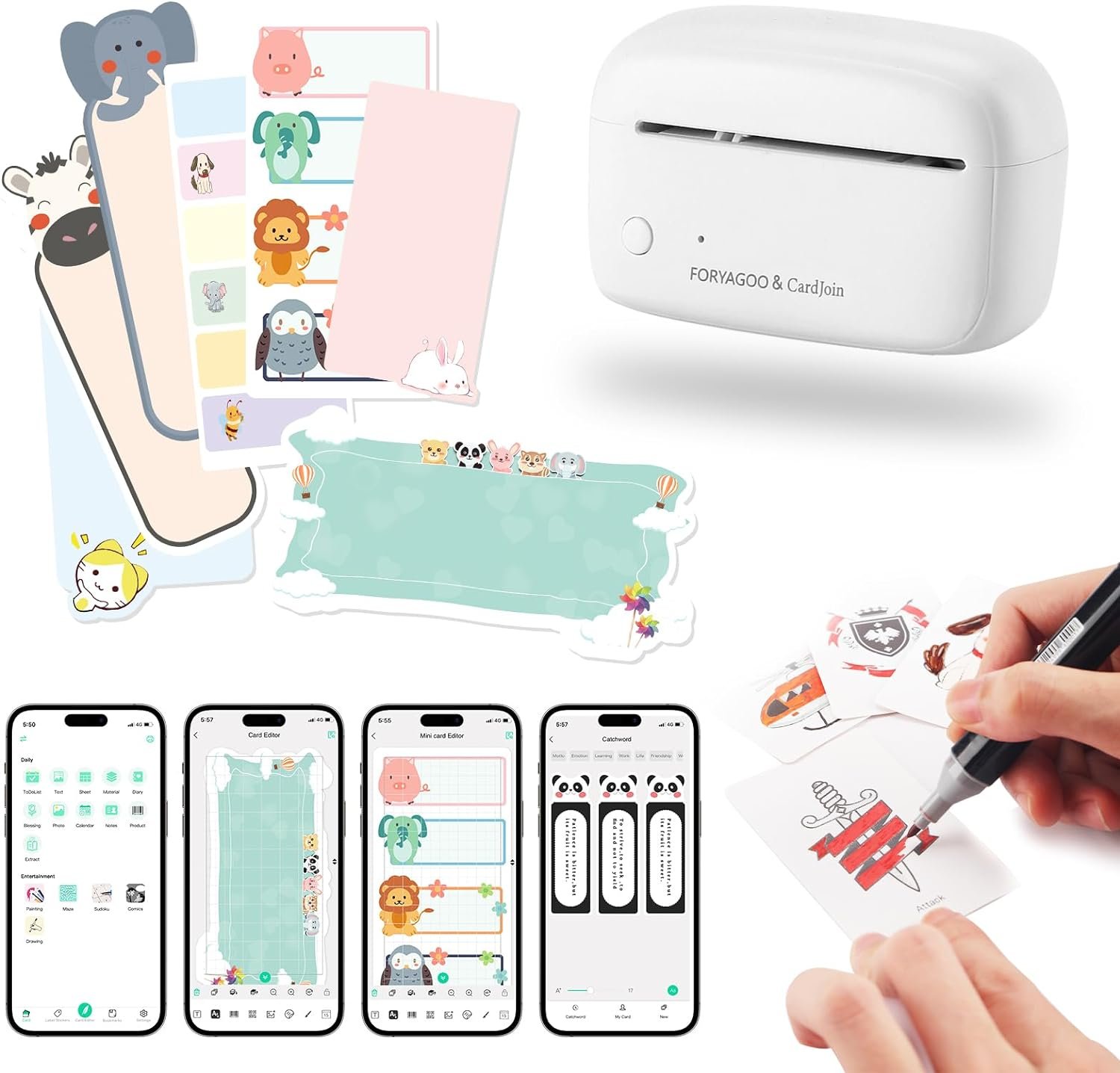 Mini Printer - Portable Sticker Printer Machine, Thermal Printer Label Maker Inkless Pocket Printer Bluetooth Photo Printer for Work, Life, Study Assistance, Tag Receipts, Board Game Cards