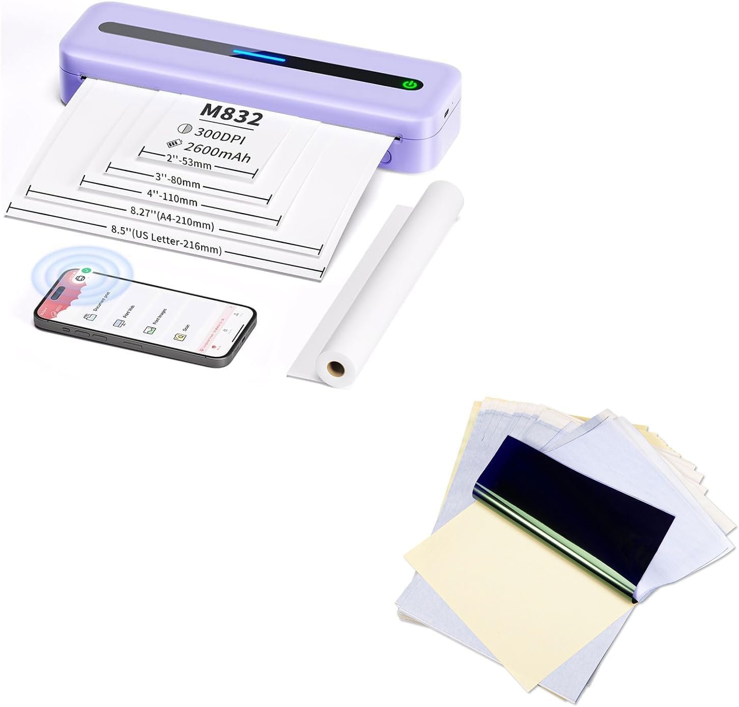 COLORWING Purple Portable Printers Wireless for Travel,300DPI Bluetooth Thermal Printer + 100 Sheets Tattoo Transfer Paper