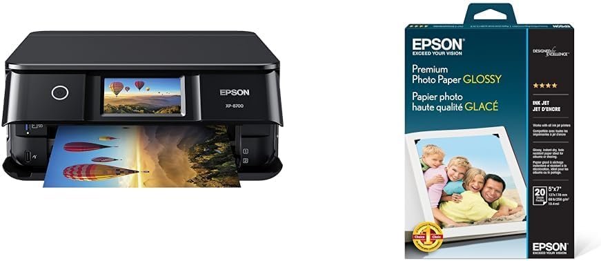 Epson XP-8700 Wireless All-in-One Printer Bundle Premium Photo Paper, 68 lbs., High-Gloss, 5 x 7 (Pack of 20 Sheets)