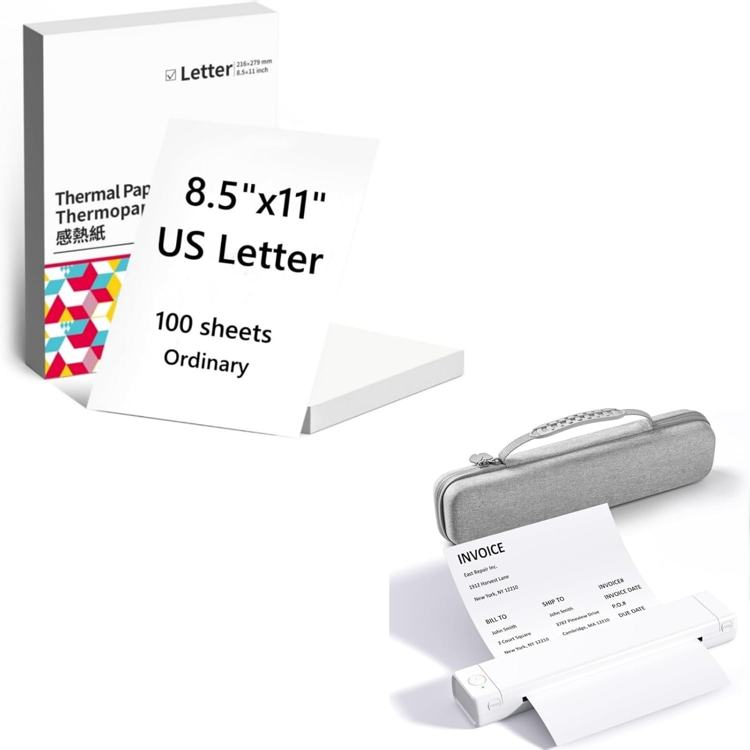 COLORWING 100 Sheets Ordinary 8.5x11 Letter Thermal Labels and A White Inkless Portable Printer with Case