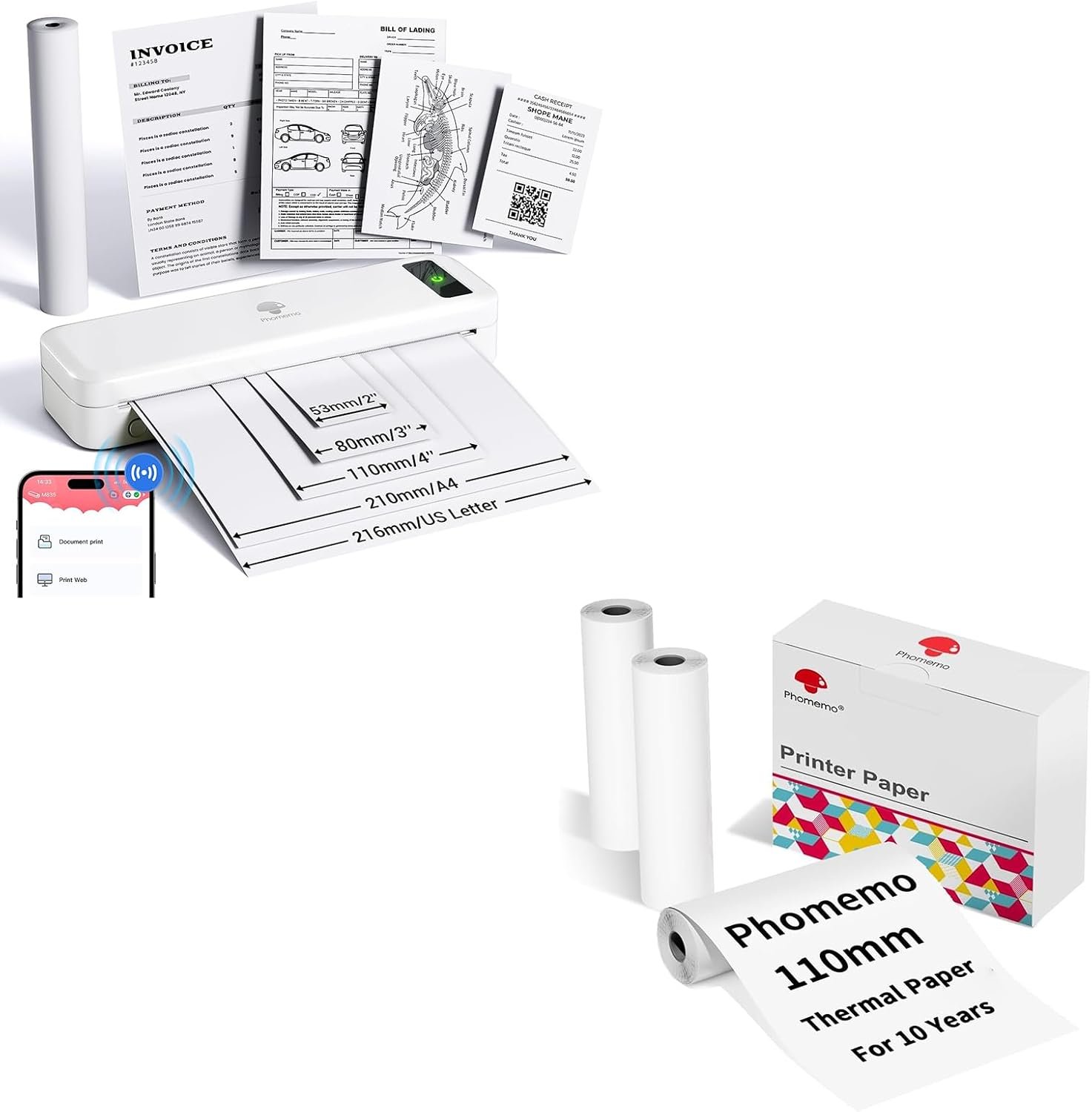 Phomemo Portable Printers Wireless for Travel, Inkless Printer Thermal M835 with 110mm Thermal Printer Paper 3 Rolls