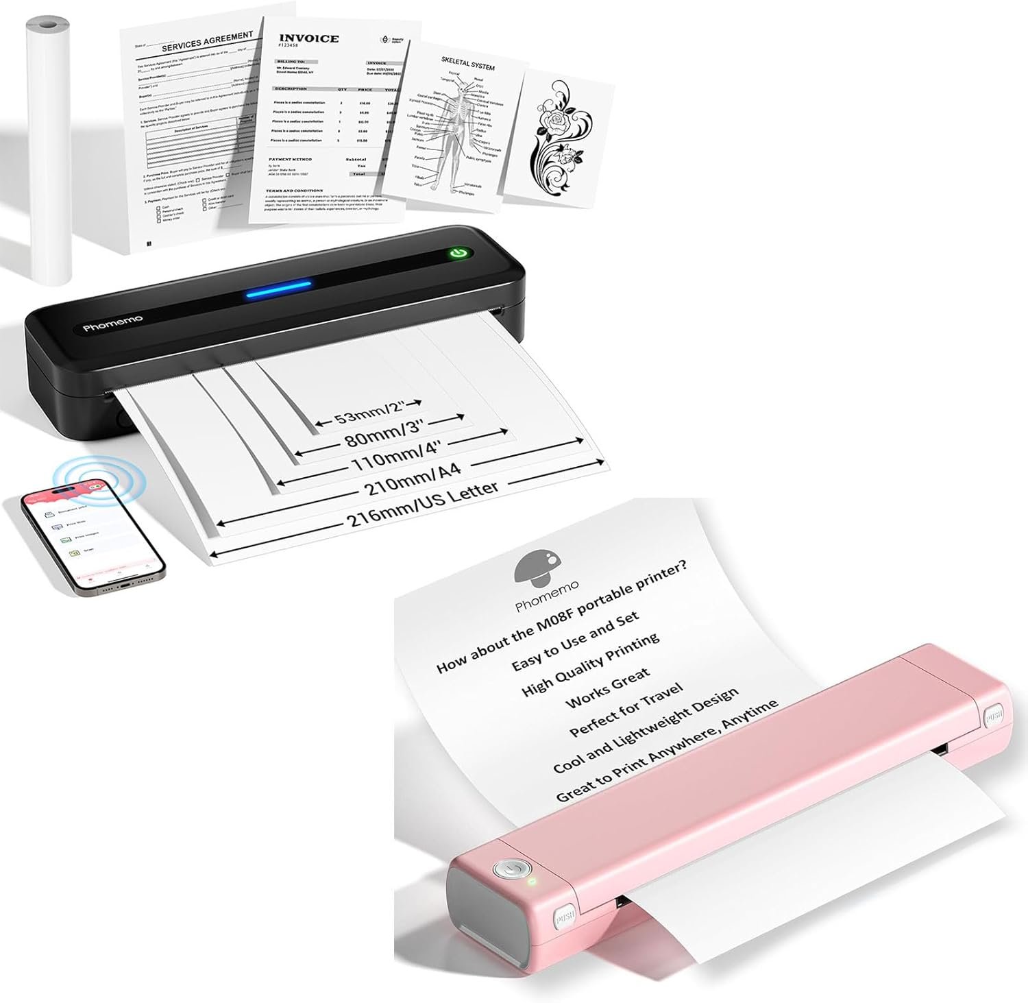 Phomemo Portable Printers Wireless for Travel, Inkless Thermal Printer M832 Black and M08F Pink