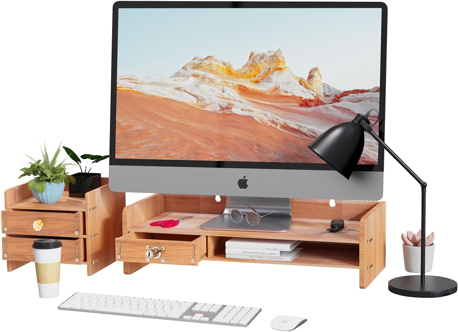 Monitor Stand w/3 Storage Drawers,Computer Arm Riser Desk Storage Organizer,Speaker TV Laptop Printer Stand w/Cable Management-Guardrail for Office Home Study