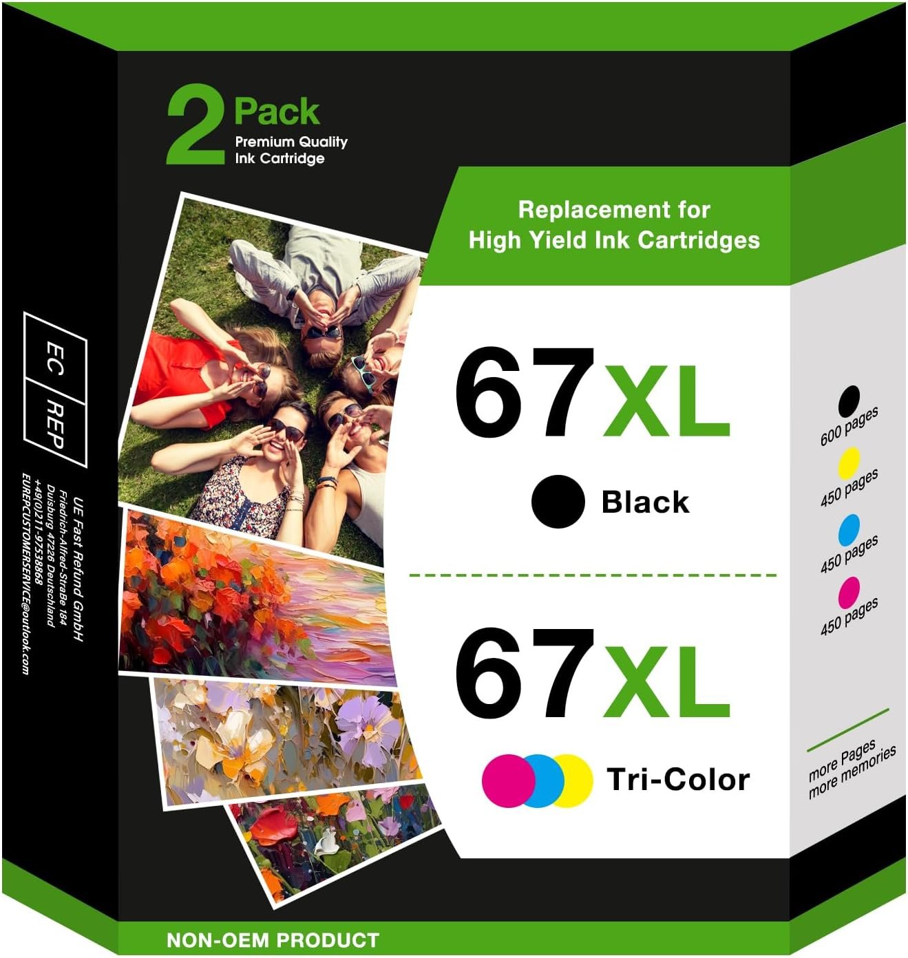 67xl printer ink for hp 67 ink cartridges black/color combo pack replacement for hp ink 67 for hp 67 ink use for hp deskjet 2755e 2700 4155e 2855e envy 6055e 6000 6400 6455e printer (1BK+1C,2 Pack)