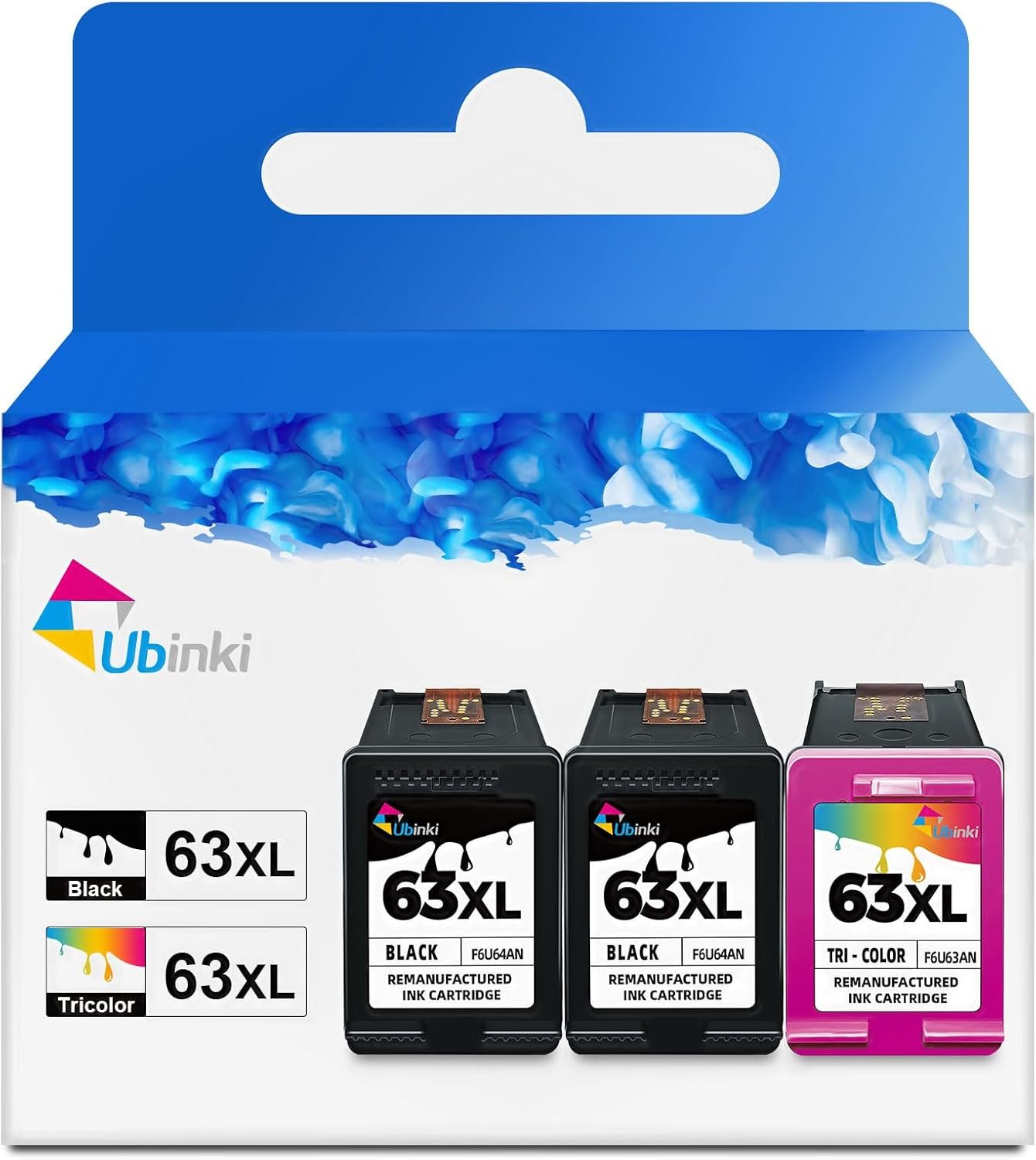 Remanufactured Ink Cartridge Replacement for HP 63XL 63 XL (2 Black and 1 Color 3-Pack) HP63xl Ink for 3830 4650 4652 4655 5200 5252 5255 5258 4520 4512 4516 1112 2132 3630 3632 Printer