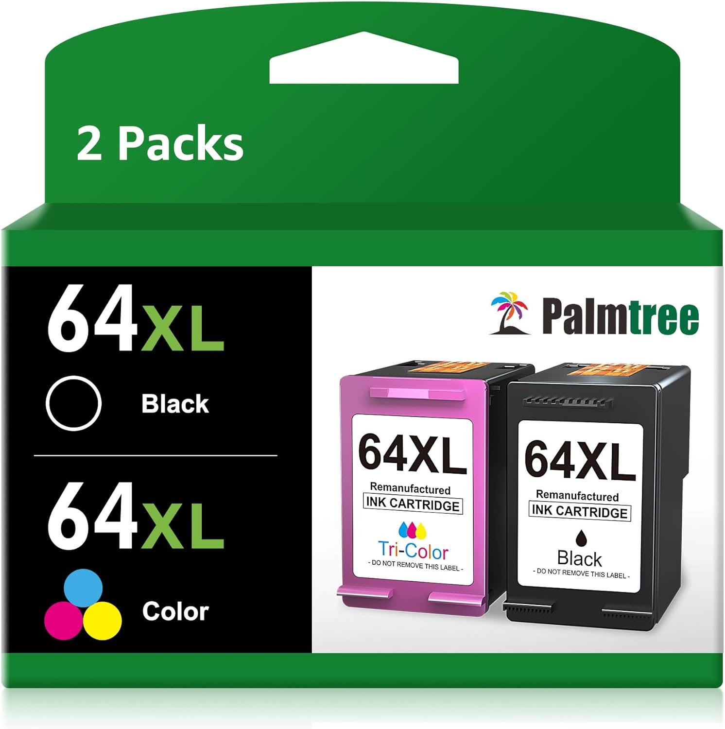 Palmtree Remanufactured Ink Cartridge Replacement for HP 64XL for HP Envy Photo 7855 7858 7155 7158 Inspire 7955e 7958e 7255e Tango X(1 Black, 1 Tri-Color, 2 Pack)