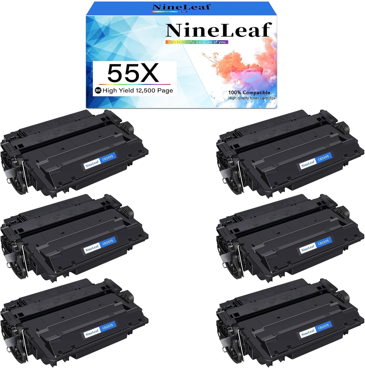 NineLeaf Compatible Toner Cartridge Replacement for HP 55X CE255X 55A CE255A to use in Laserjet P3010 P3015d P3015n P3015x Enterprise 500 MFP M525dn Pro 500 MFP M521dw Printer (6 Pack, Black)