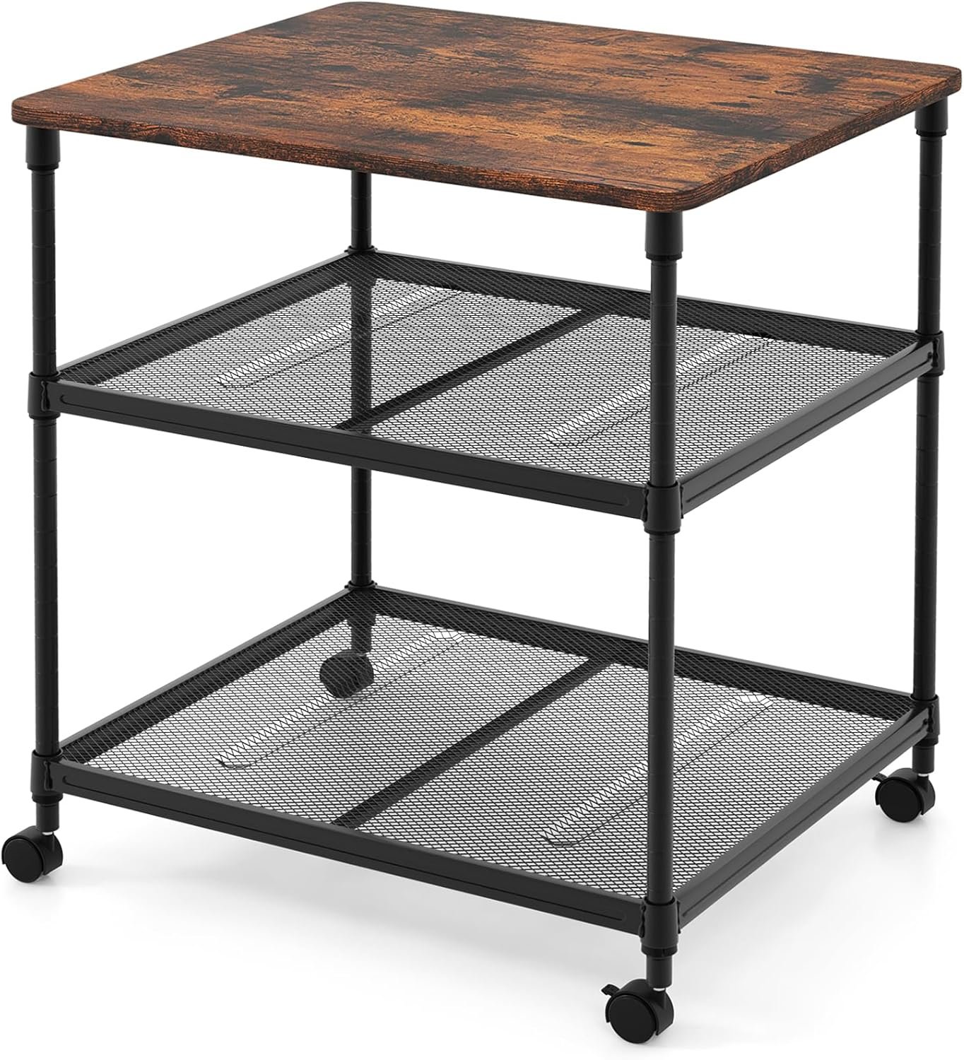 Giantex Printer Stand, 3-Tier Industrial Printer Cart with Lockable Wheels, Adjustable Shelves, Metal Frame, Mobile Under Desk Shelf for Home Office, Printer Table Fit Fax Machine, Scanner (Brown)